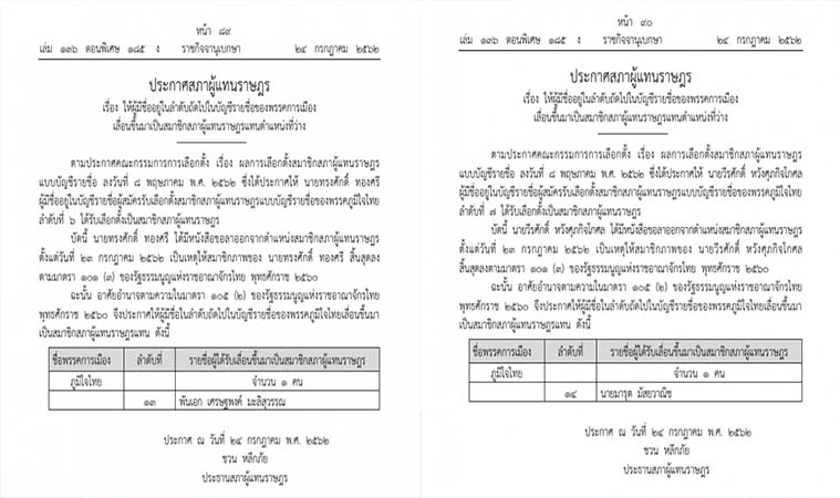ราชกิจจาฯเผยแพร่ประกาศสภาผู้แทนฯ'เศรษฐพงค์-มารุต'เลื่อนลำดับเป็นส.ส.บัญชีรายชื่อ