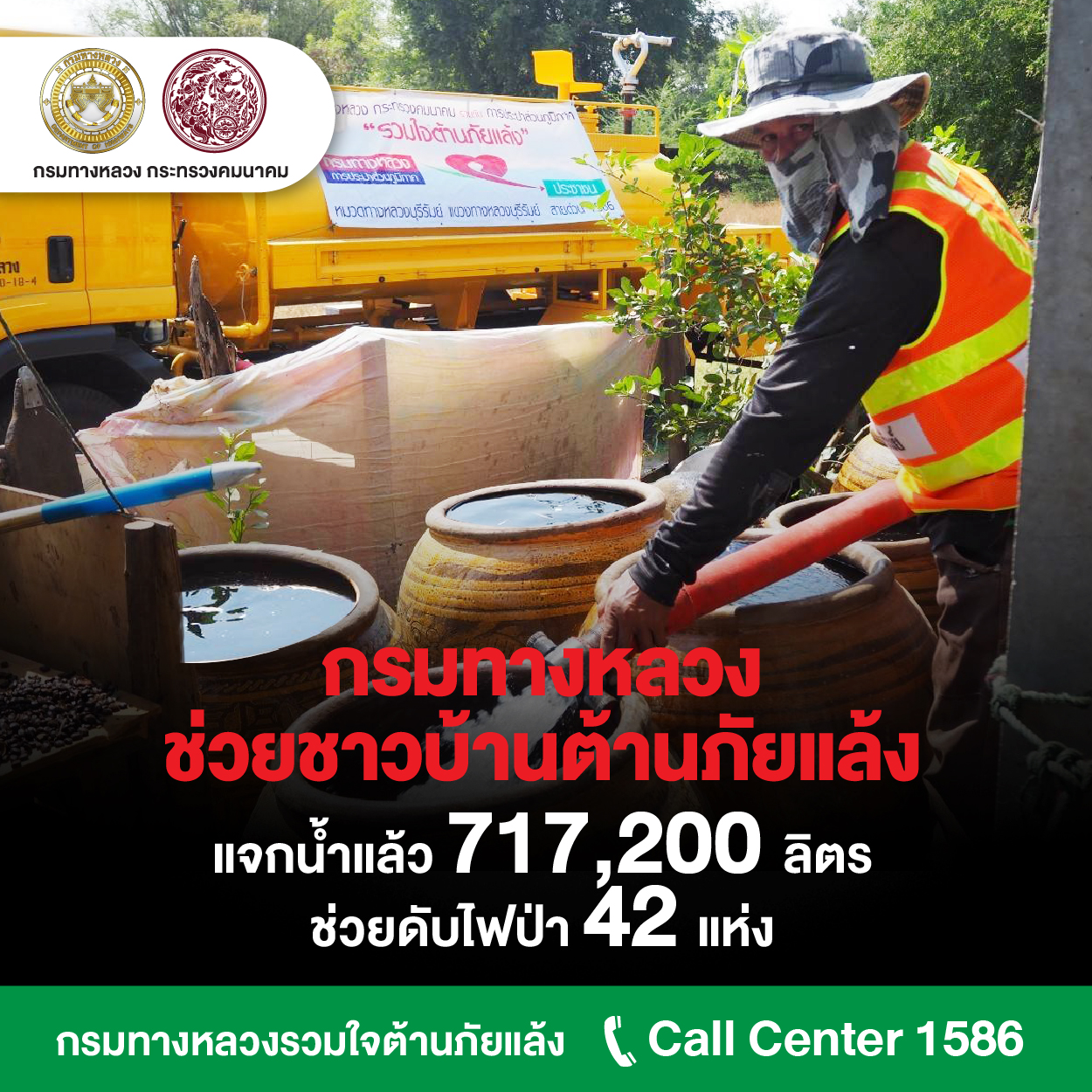 "ศักดิ์สยาม" รมว.คมนาคม  เผยกรมทางหลวงลุยแจกน้ำดื่มน้ำใช้ บรรเทาภัยแล้งทั่วประเทศกว่า 717,200 ลิตร ดับปัญหาไฟป่าข้างทาง 42 แห่ง