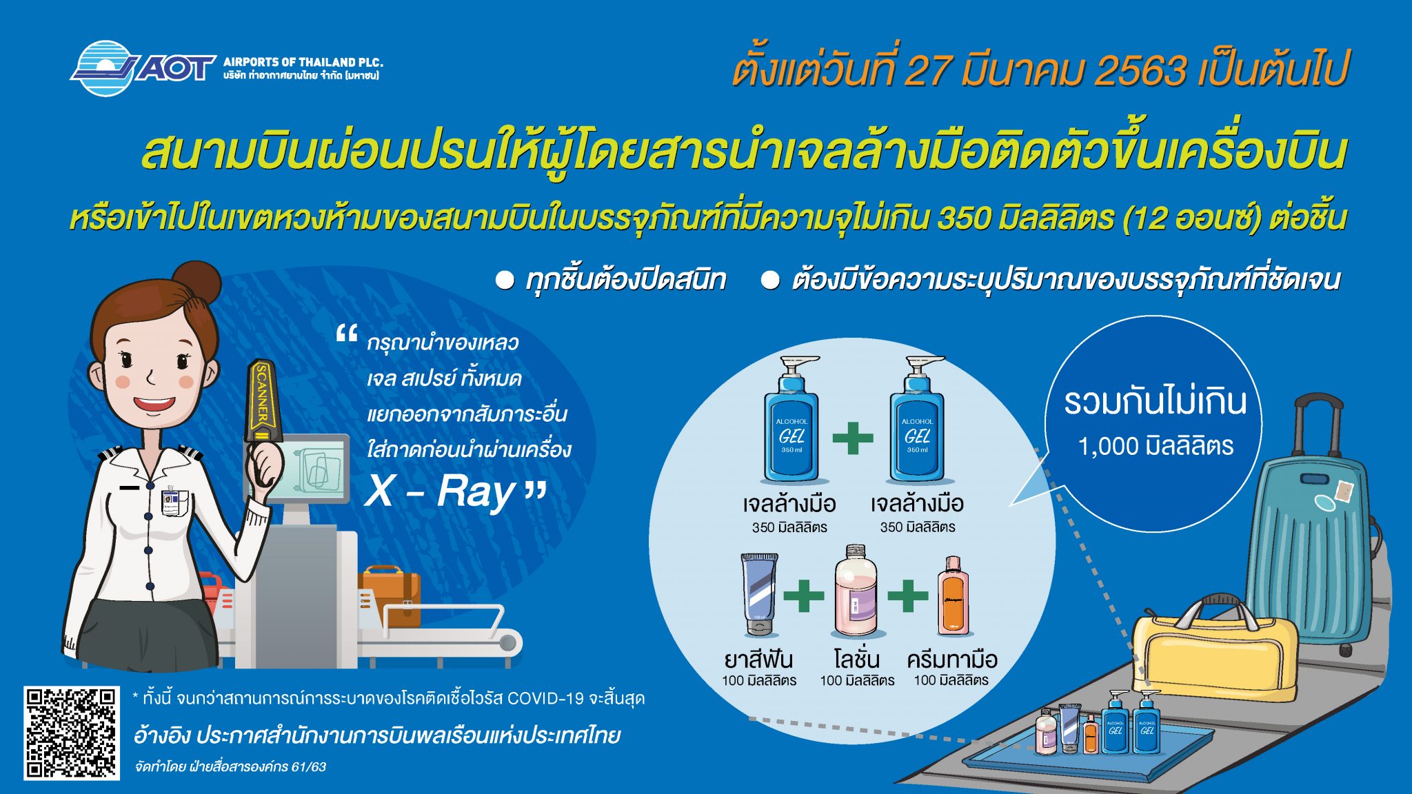 ทอท.ผ่อนปรนให้ผู้โดยสารนำเจลล้างมือ (Liquid hand sanitizer) ติดตัวขึ้นห้องโดยสารอากาศยานหรือเข้าไปในเขตหวงห้ามของท่าอากาศยาน