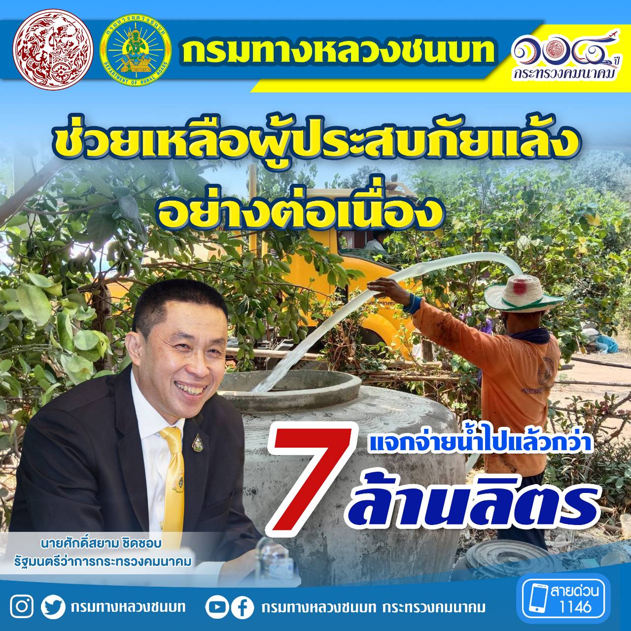 ทางหลวงชนบท แจกจ่ายน้ำไปแล้ว กว่า 7 ล้านลิตร ช่วยเหลือผู้ประสบภัยแล้งต่อเนื่อง ตามนโยบายรัฐมนตรีว่าการกระทรวงคมนาคม
