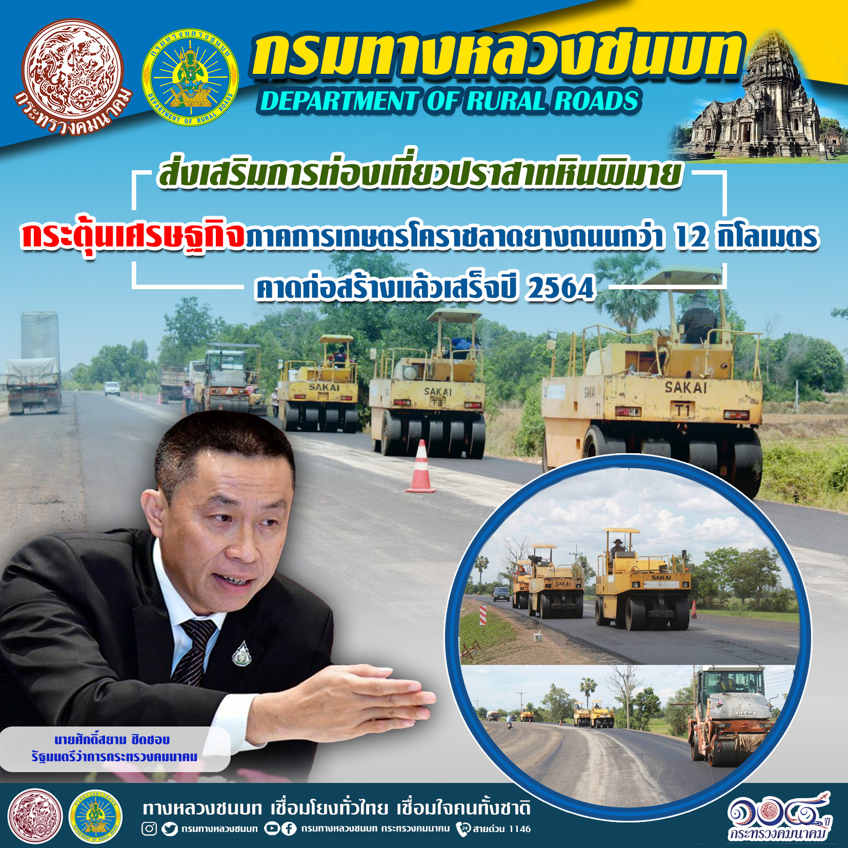 ทางหลวงชนบท ส่งเสริมการท่องเที่ยวปราสาทหินพิมาย กระตุ้นเศรษฐกิจภาคการเกษตรโคราช ลาดยางถนนกว่า 12 กิโลเมตร คาดก่อสร้างแล้วเสร็จปี 2564 ตามนโยบายของ รมว.คมนาคม