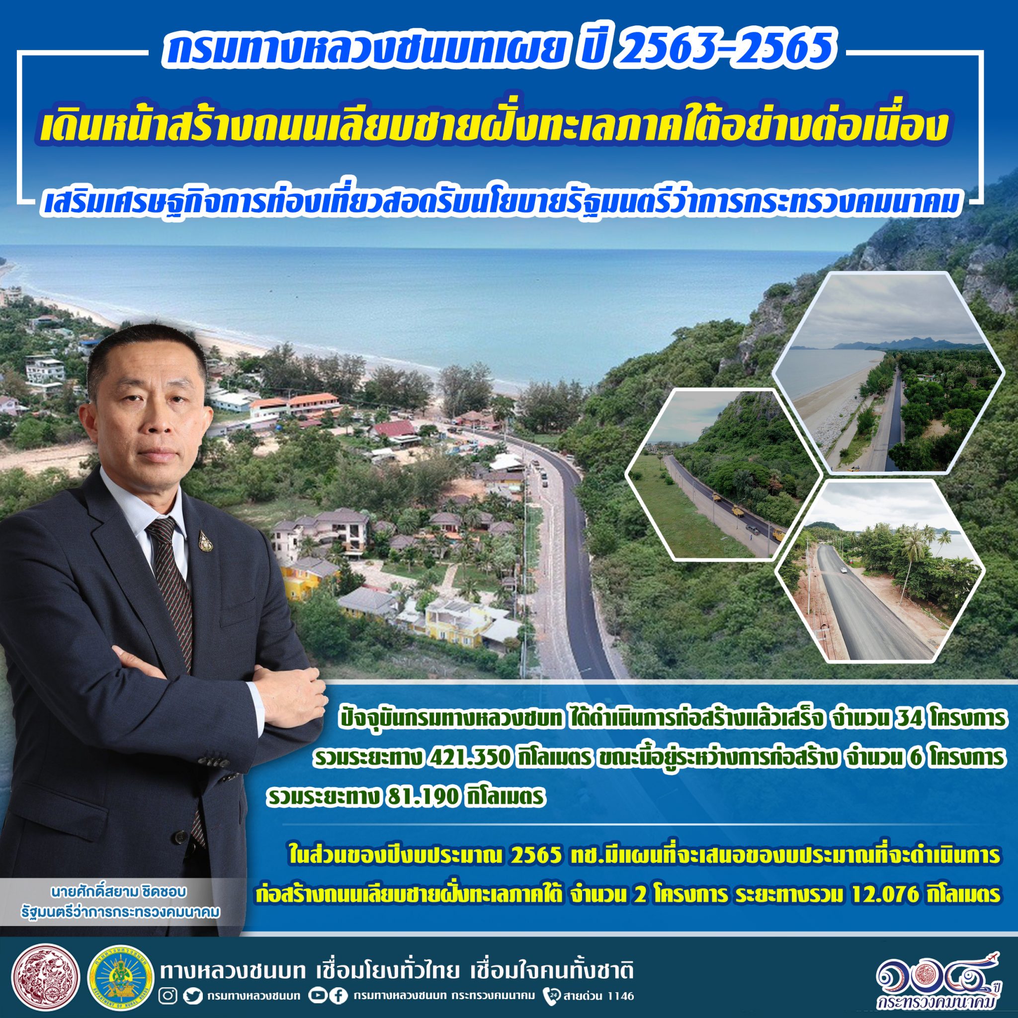 กรมทางหลวงชนบทเผย ปี 2563-2565 เดินหน้าสร้างถนนเลียบชายฝั่งทะเลภาคใต้อย่างต่อเนื่อง เสริมเศรษฐกิจการท่องเที่ยวสอดรับนโยบายรัฐมนตรีว่าการกระทรวงคมนาคม