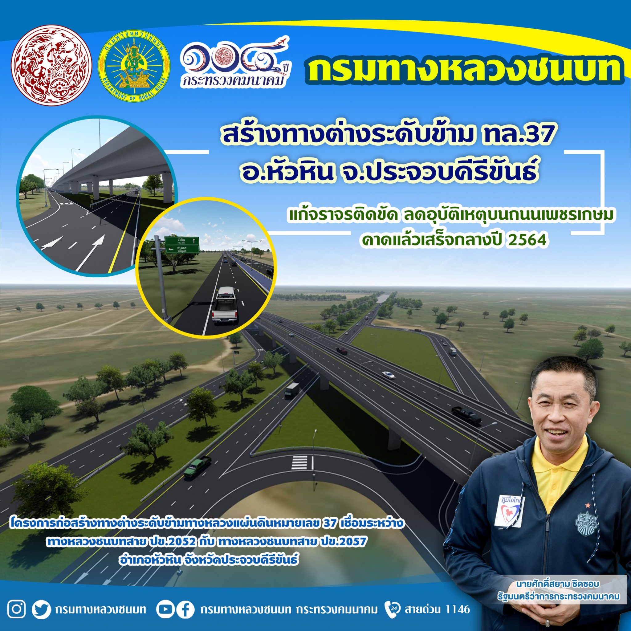กรมทางหลวงชนบท สร้างทางต่างระดับข้าม ทล.37 อ.หัวหิน จ.ประจวบคีรีขันธ์ แก้จราจรติดขัด ลดอุบัติเหตุบนถนนเพชรเกษม คาดแล้วเสร็จกลางปี 2564