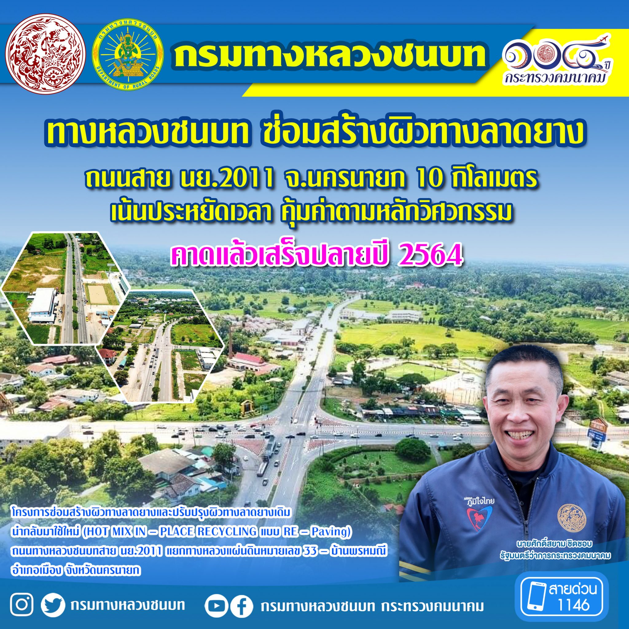 ทางหลวงชนบท ขานรับนโยบาย รมว.คมนาคม ซ่อมสร้างผิวทางลาดยาง ถนนสาย นย.2011 จ.นครนายก 10 กิโลเมตร เน้นประหยัดเวลา คุ้มค่าตามหลักวิศวกรรม คาดแล้วเสร็จปลายปี 2564