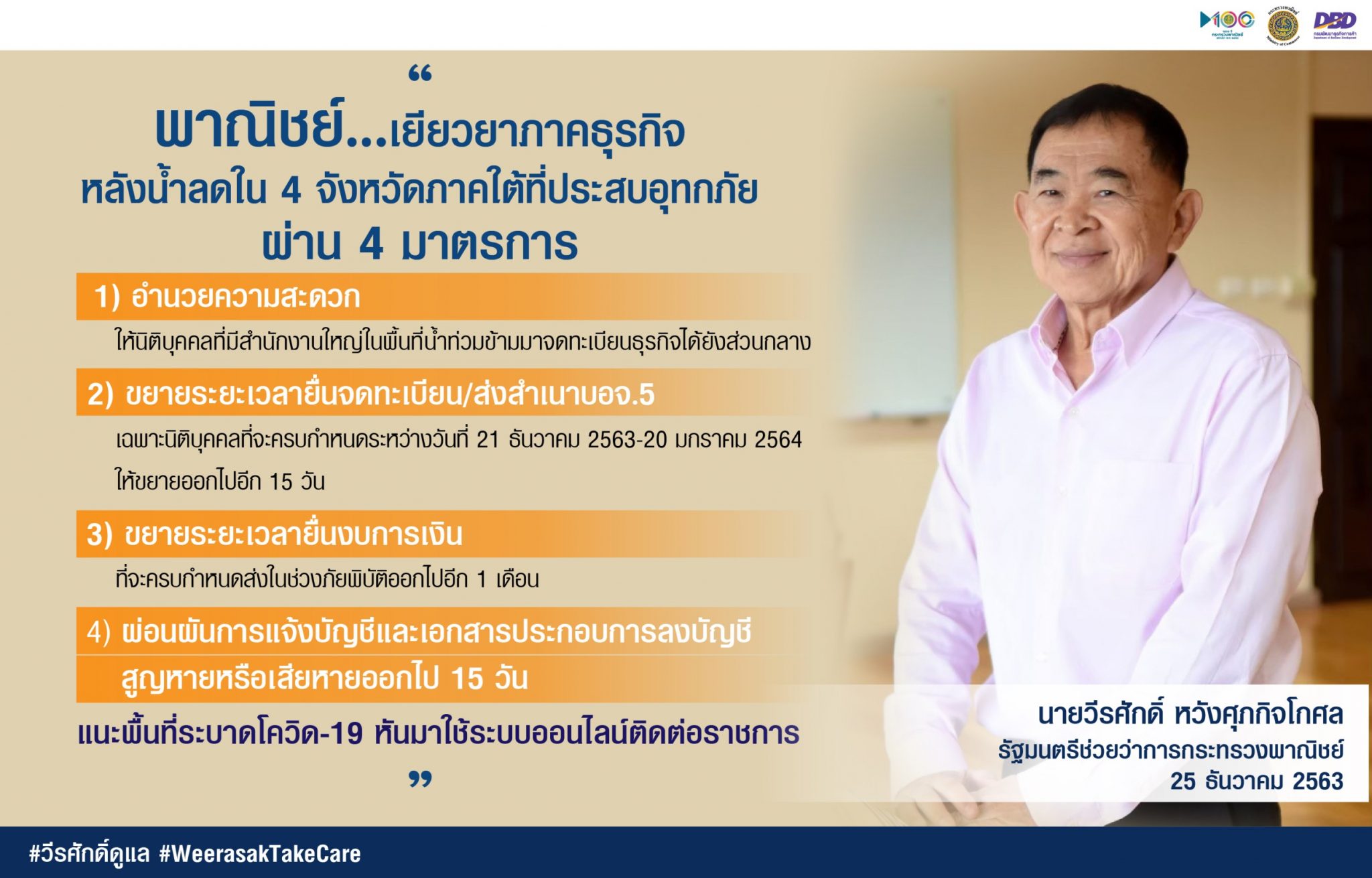 รมช.พาณิชย์ เผย! ก.พาณิชย์ เยียวยาภาคธุรกิจหลังน้ำลดใน 4 จังหวัดภาคใต้ที่ประสบอุทกภัย พร้อมแนะพื้นที่ระบาดโควิด-19 หันมาใช้ระบบออนไลน์ติดต่อราชการ