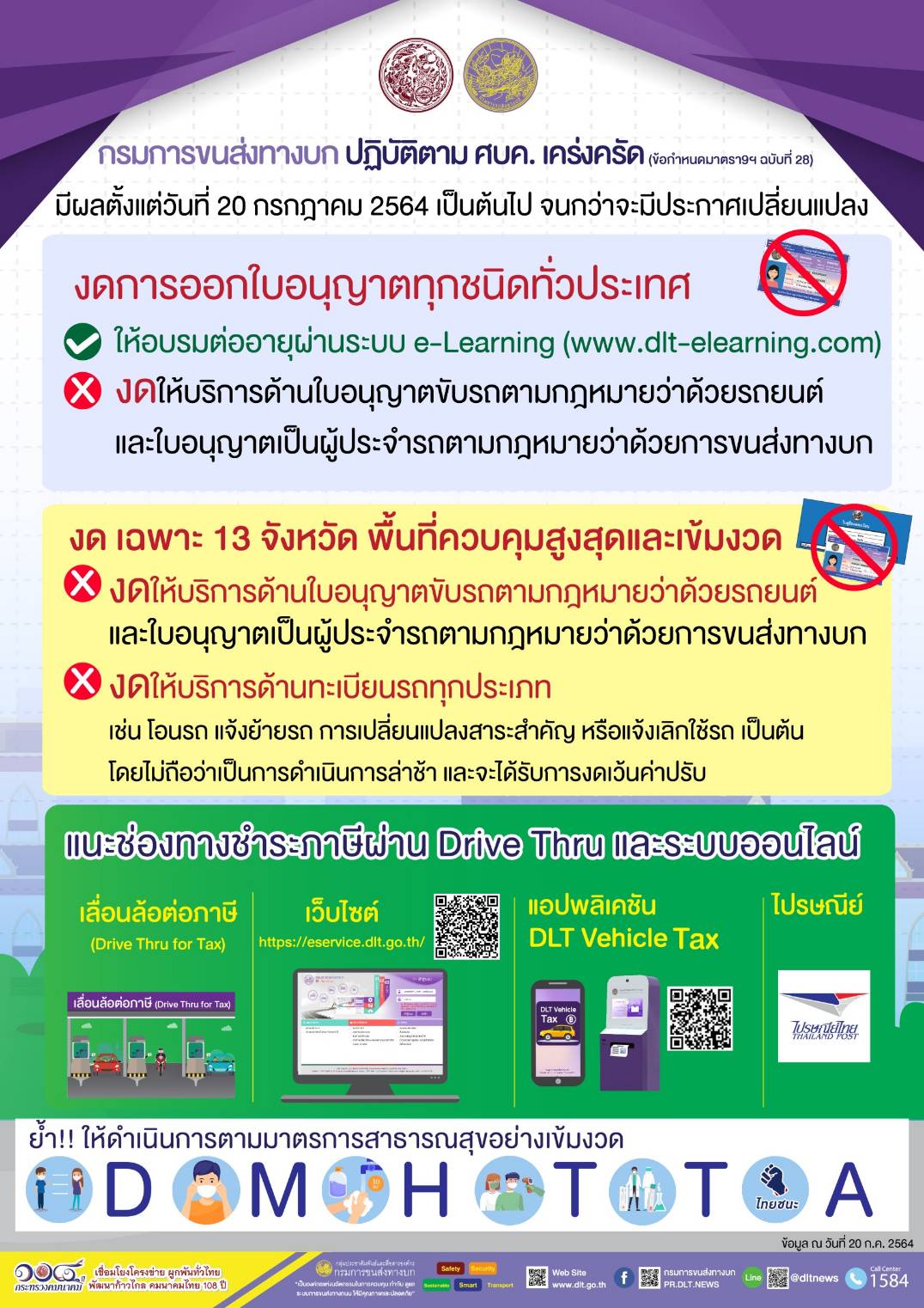 กรมการขนส่งทางบก คุมเข้มโควิด-19 ในพื้นที่ควบคุมสูงสุดและเข้มงวด 13 จังหวัด !!! งดให้บริการงานทะเบียนรถ และใบขับขี่ที่สำนักงานขนส่ง ตั้งแต่พรุ่งนี้ (วันที่ 20 กรกฎาคม 2564) เป็นต้นไป