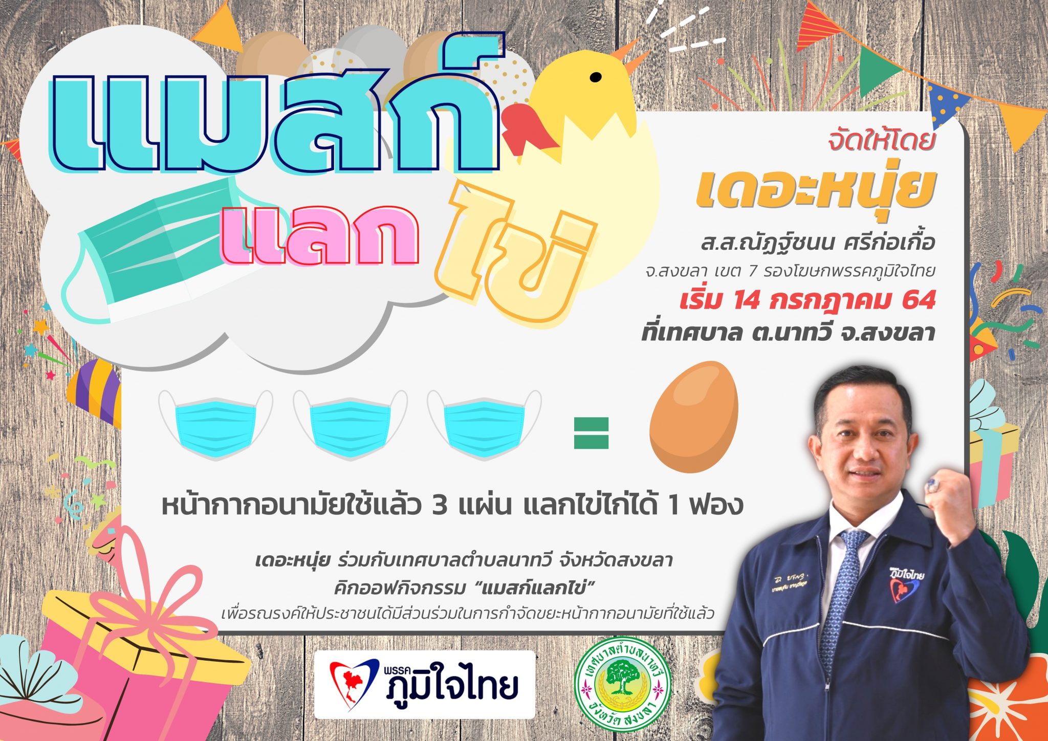 ส.ส.ณัฏฐ์ชนน ศรีก่อเกื้อ นำร่อง เปิดตัวกิจกรรม แมสก์แลก ไข่ไก่ เพื่อเป็นการรณรงค์ ให้ประชาชนได้มีส่วนร่วมในการกำจัดขยะ ทั้งยังช่วยเหลือประชาชนในช่วงประกาศล๊อกดาวน์จังหวัดสงขลา