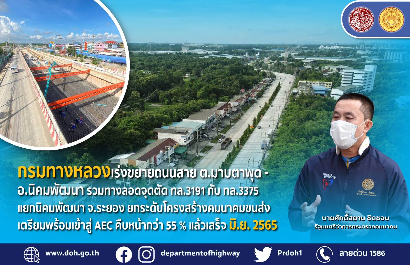 กรมทางหลวง ขานรับนโยบาย รมว.คมนาคม เร่งขยายถนน 6 ช่องจราจรสาย ต.มาบตาพุด - อ.นิคมพัฒนา รวมทางลอดจุดตัด ทล.3191 กับแยกนิคมพัฒนา จ.ระยอง เพื่อยกระดับโครงสร้างพื้นฐานคมนาคมขนส่ง รองรับภาคอุตสาหกรรม และการท่องเที่ยว