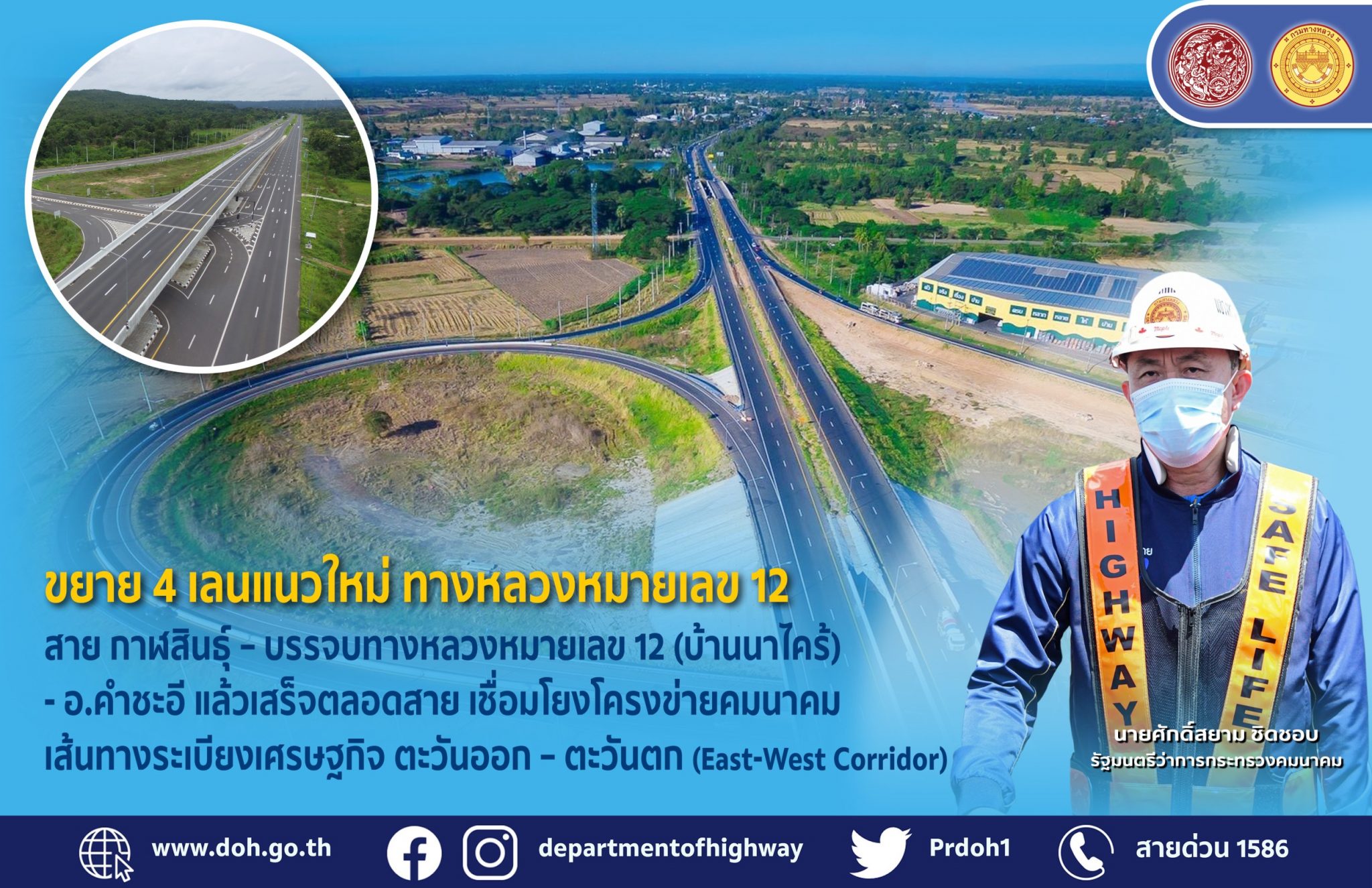 ขยาย 4 เลนแนวใหม่ ทางหลวงหมายเลข 12 สาย กาฬสินธุ์ – บรรจบทางหลวงหมายเลข 12 (บ้านนาไคร้) - อ.คำชะอี แล้วเสร็จตลอดสาย เชื่อมโยงโครงข่ายคมนาคมเส้นทางระเบียงเศรษฐกิจ ตะวันออก – ตะวันตก (East-West Corridor) ตามนโยบาย รมว.คมนาคม