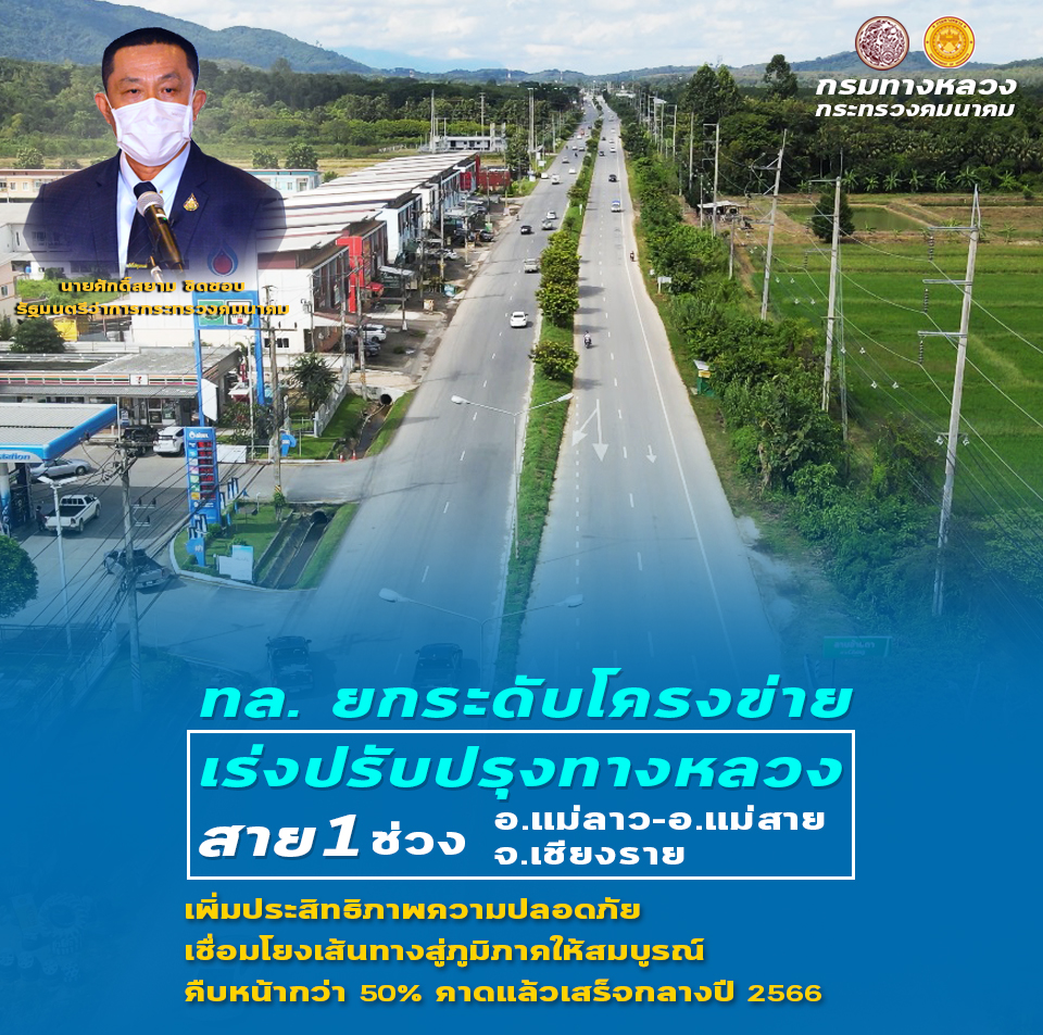 ทล. ยกระดับโครงข่ายเร่งปรับปรุงทางหลวงสาย 1 ช่วง อ.แม่ลาว-อ.แม่สาย จ.เชียงราย เพิ่มประสิทธิภาพความปลอดภัย หนุนเศรษฐกิจ-ท่องเที่ยว เชื่อมโยงเส้นทางระหว่างภูมิภาคให้ สมบูรณ์ตลอดสาย คืบหน้ากว่า 50% คาดแล้วเสร็จกลางปี 2566