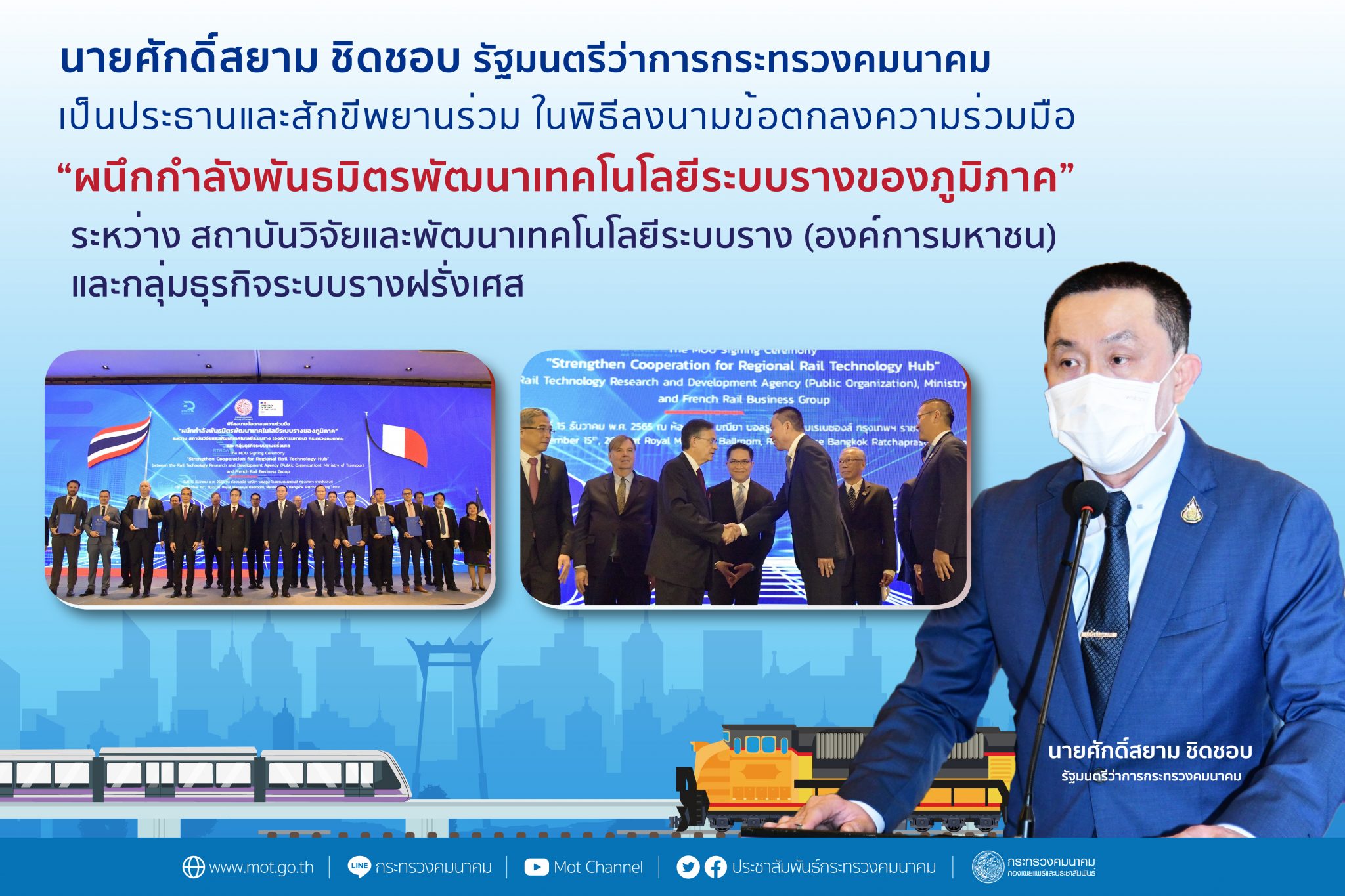 "ศักดิ์สยาม" ร่วมกับ "ทูต ฝรั่งเศส" เป็นประธานร่วม เเละสักขีพยาน ความร่วมมือกลุ่มธุรกิจระบบรางฝรั่งเศส 5 บริษัท ลงนาม MOU ผนึกกำลังร่วมพัฒนาเทคโนโลยีระบบรางของภูมิภาค