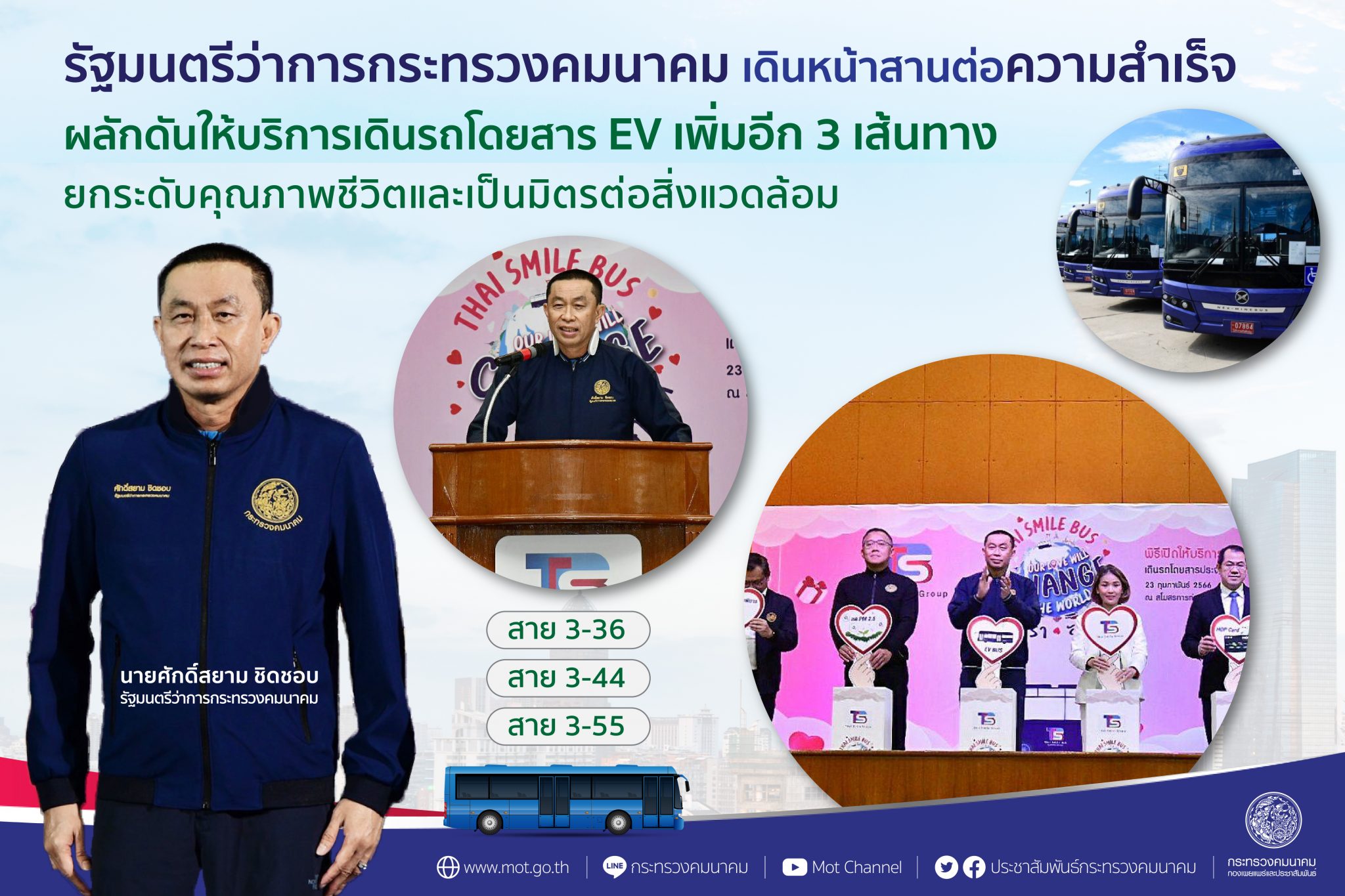 "ศักดิ์สยาม" เดินหน้าสานต่อความสำเร็จผลักดันให้บริการเดินรถเมล์ไฟฟ้าเพิ่มอีก 3 เส้นทาง ยกระดับคุณภาพชีวิตและเป็นมิตรต่อสิ่งแวดล้อม ดูเเลพี่น้องชาวกทม.เเละปริมณฑล