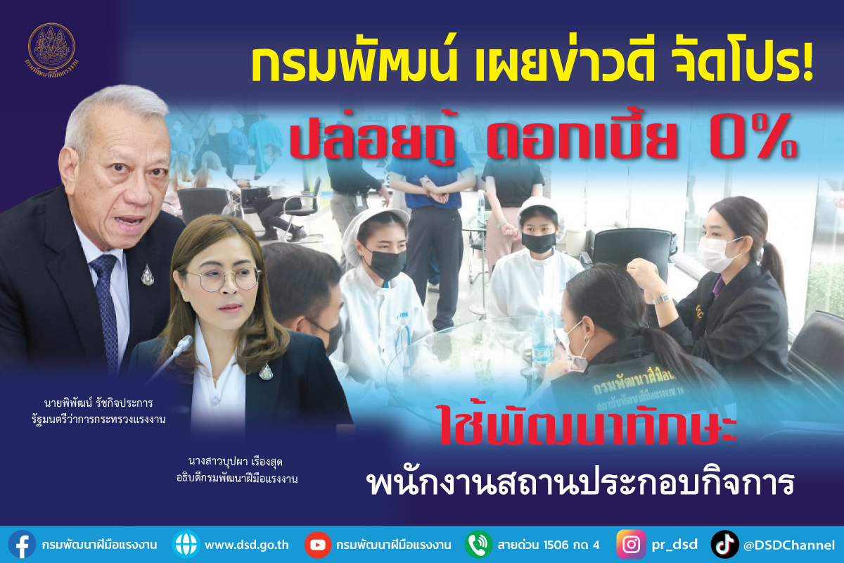 กรมพัฒน์ เผยข่าวดี จัดโปร! ปล่อยกู้ไม่มีดอกเบี้ย ใช้พัฒนาทักษะพนักงานสถานประกอบกิจการ