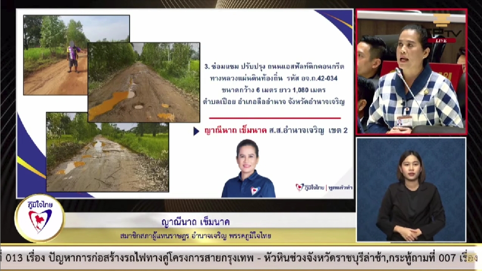 "สส.ญาณีนาถ เข็มนาค" ช่วยจัดสรรงบประมาณ ซ่อมแซมถนน 3 เส้นในเขตอำนาจเจริญ เนื่องจากชำรุดทรุดโทรม สร้างความลำบากในการสัญจร ของ ปชช.
