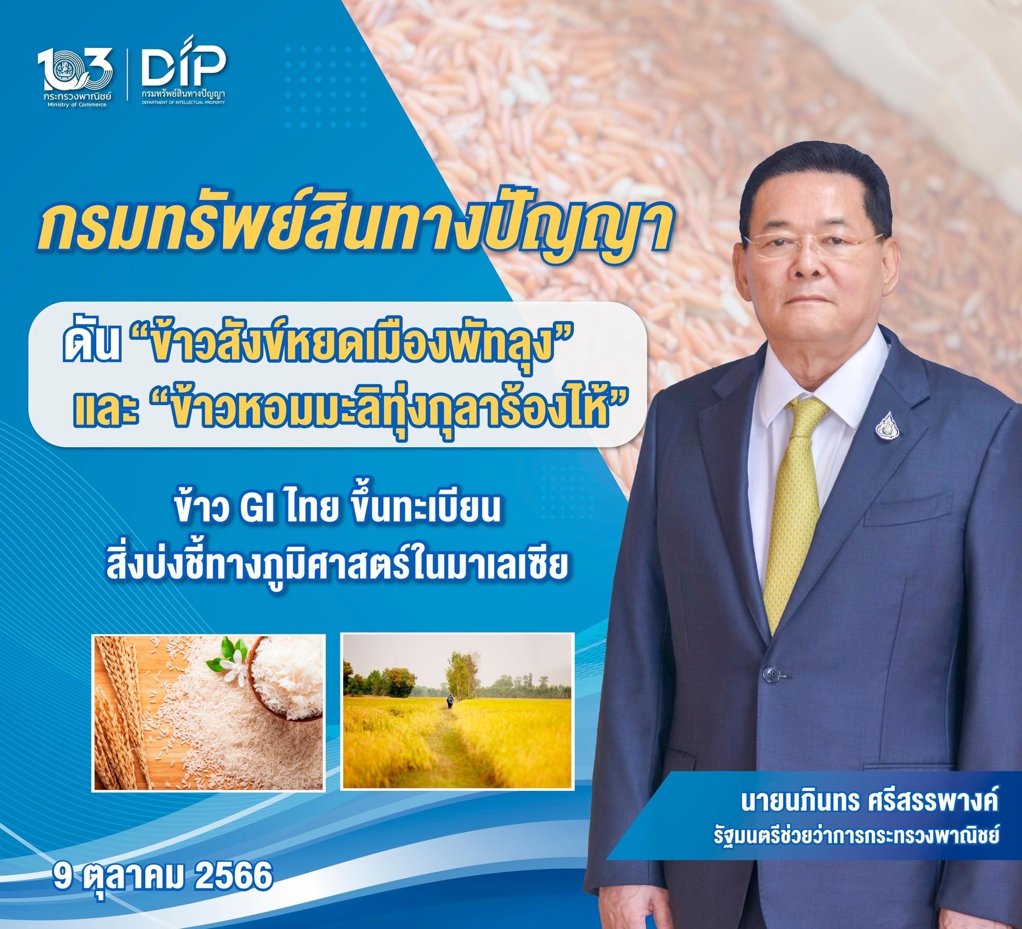 กรมทรัพย์สินทางปัญญาได้ผลักดัน “ข้าวสังข์หยดเมืองพัทลุง” และ “ข้าวหอมมะลิ ทุ่งกุลาร้องไห้”