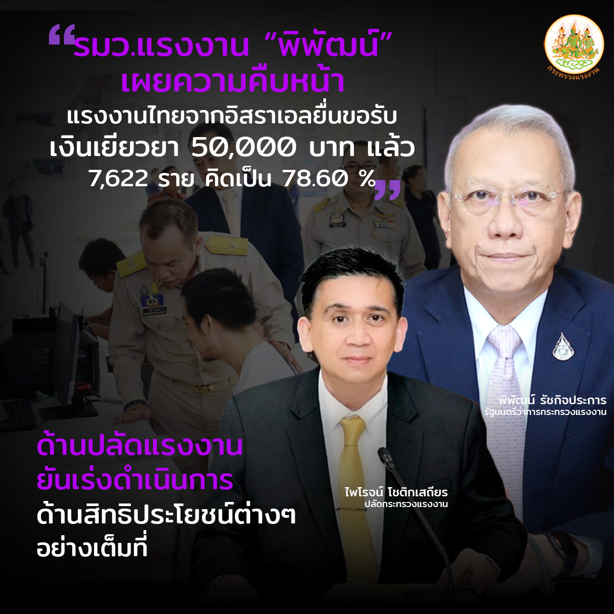 รมว.แรงงาน “พิพัฒน์”เผยความคืบหน้าแรงงานไทยจากอิสราเอลยื่นขอรับเงินเยียวยา 50,000 บาท แล้ว 7,622 ราย คิดเป็น 78.60 % ด้านปลัดแรงงาน ยัน เร่งดำเนินการด้านสิทธิประโยชน์ต่างๆ อย่างเต็มที่