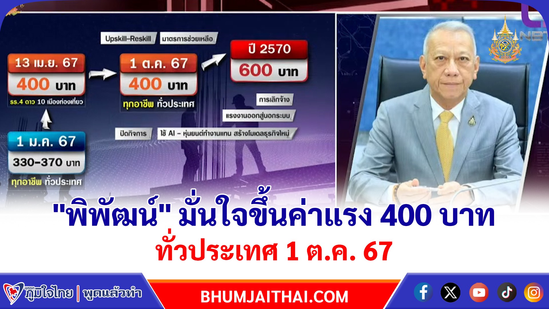 "พิพัฒน์" มั่นใจขึ้นค่าแรง 400 บาททั่วประเทศ 1 ต.ค. 67 เผยเตรียมหารือส่วนราชการอื่น ๆ ช่วยบรรเทาผลกระทบ SME และ ก.พาณิชย์ช่วยควบคุมราคาสินค้า